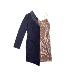 Order European and American sexy stitching sequin dress design black suit one-shoulder long-sleeved short skirt suspenders mini dress cocktail dress outfit trend irregular design evening dress FA383 Order European and American sexy stitching sequin dress design black suit one-shoulder long-sleeved short skirt suspenders mini dress cocktail dress outfit trend irregular design evening dress FA383